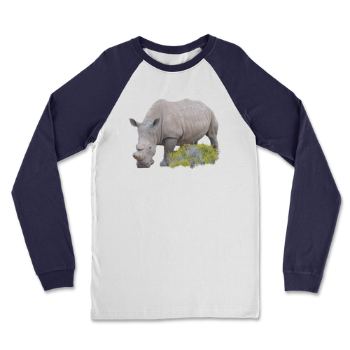 Baseball top with long sleeves in navy and a rhino on the front.