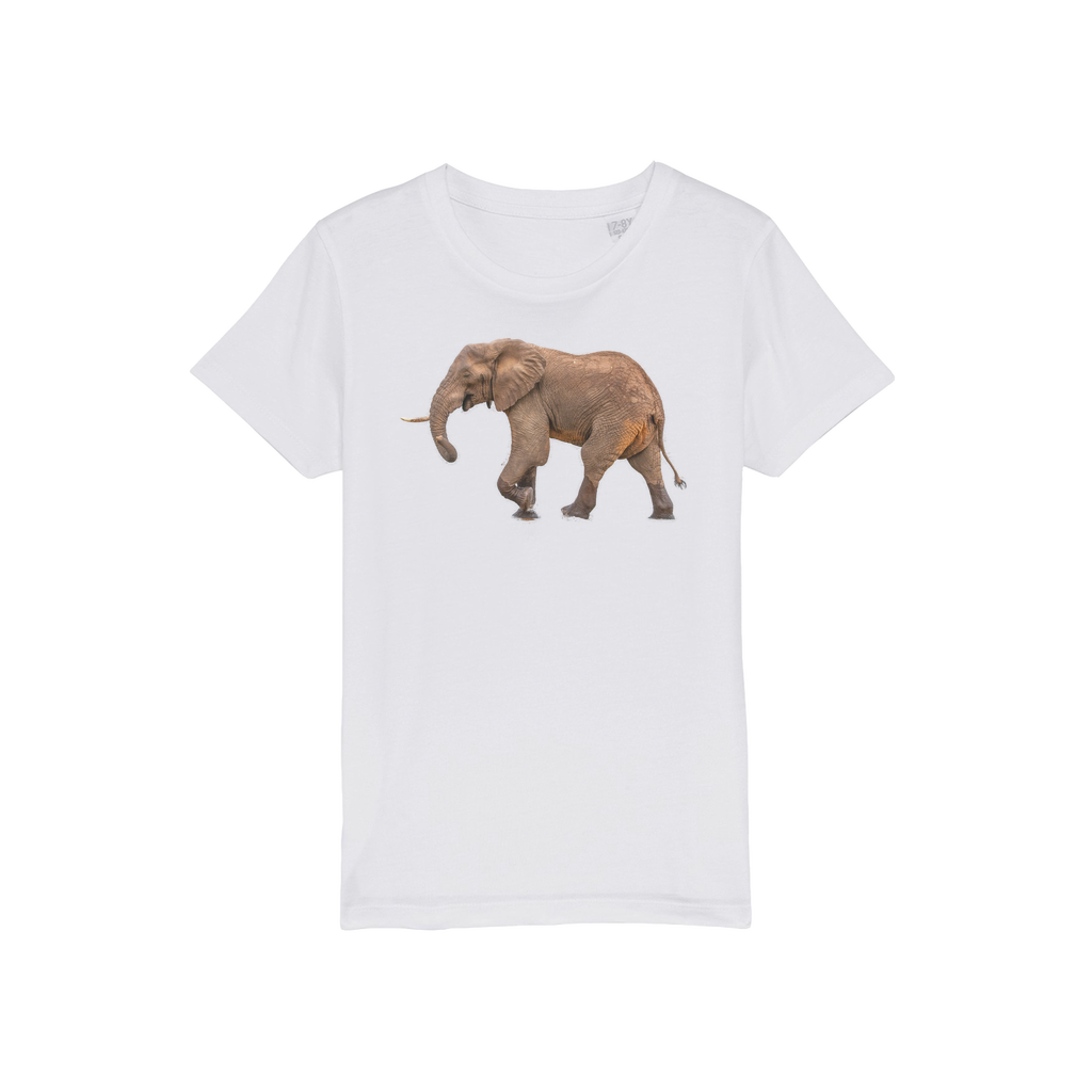 A smiling elephant printed on the front of a white t-shirt with a round neck for kids. 