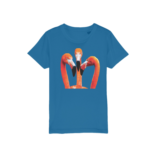 a blue t-shirt for kids with three flamingo heads on the front in large print. 
