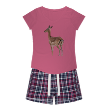 Load image into Gallery viewer, African Impala on pink shirt with matching flannel shorts in navy, white and pink.
