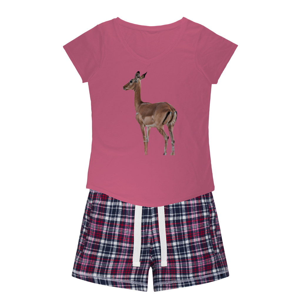 African Impala on pink shirt with matching flannel shorts in navy, white and pink.