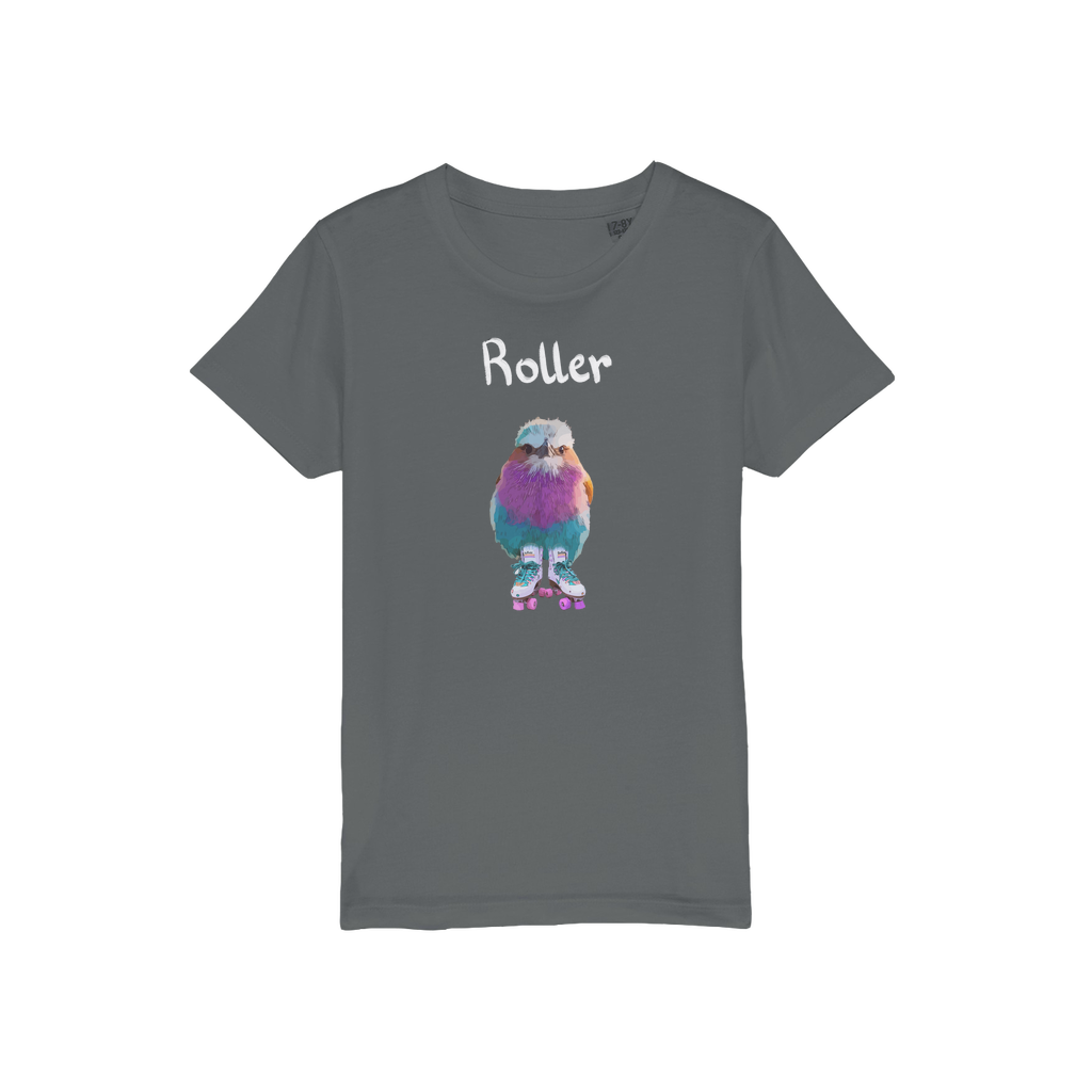 Kids bird t-shirt. A lilac breasted roller with roller skates on a grey t-shirt. 