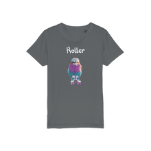 Load image into Gallery viewer, Kids bird t-shirt. A lilac breasted roller with roller skates on a grey t-shirt. 
