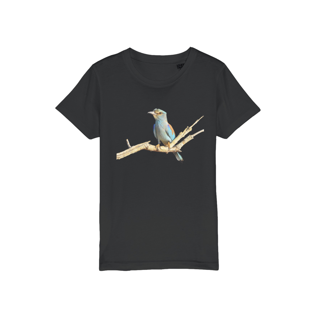 Eurasian Roller Bird on a t-shirt for kids. Black t-shirt. 