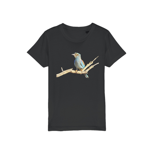Eurasian Roller Bird on a t-shirt for kids. Black t-shirt. 