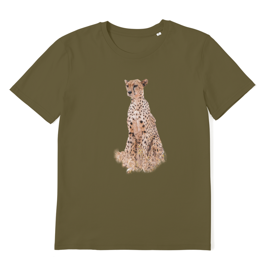 olive green tee for men and women with a cheetah. 