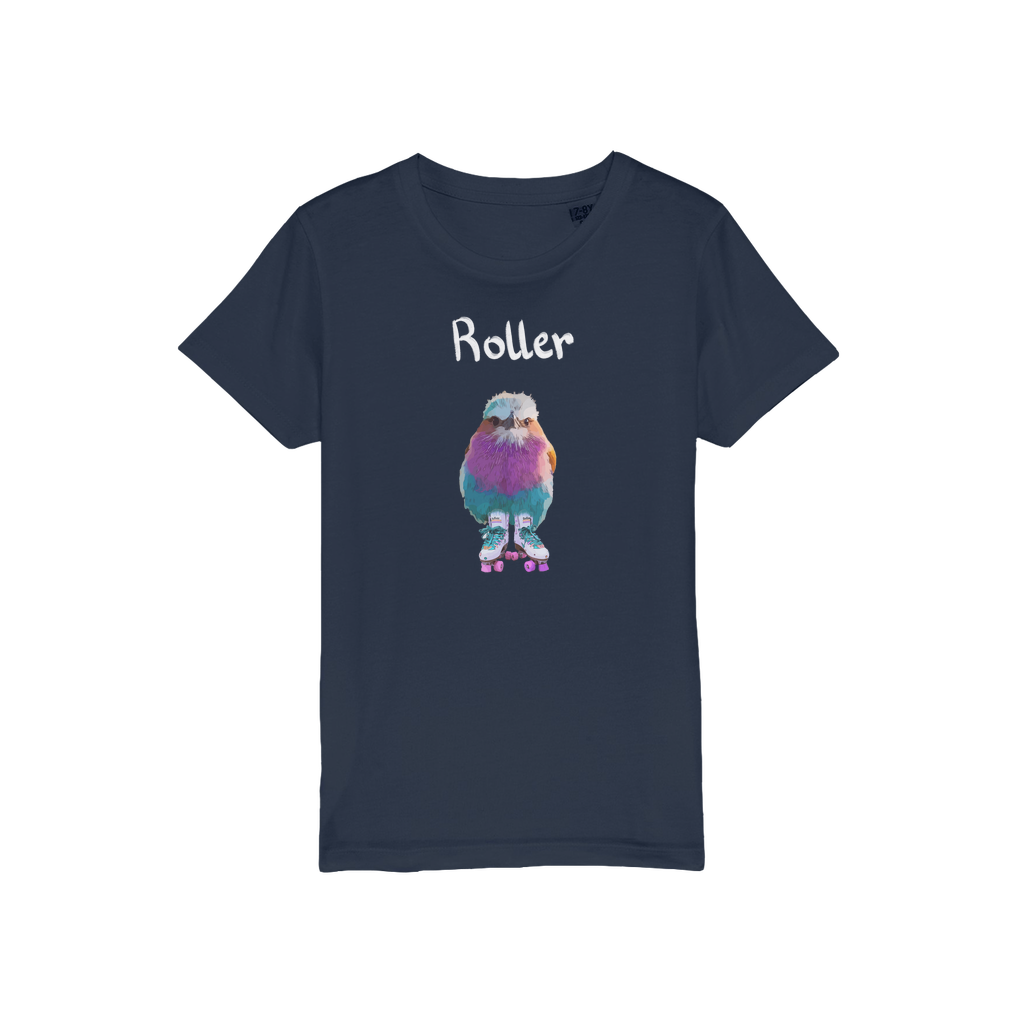 A navy kids t-shirt with a lilac breasted roller wearing roller skates. 