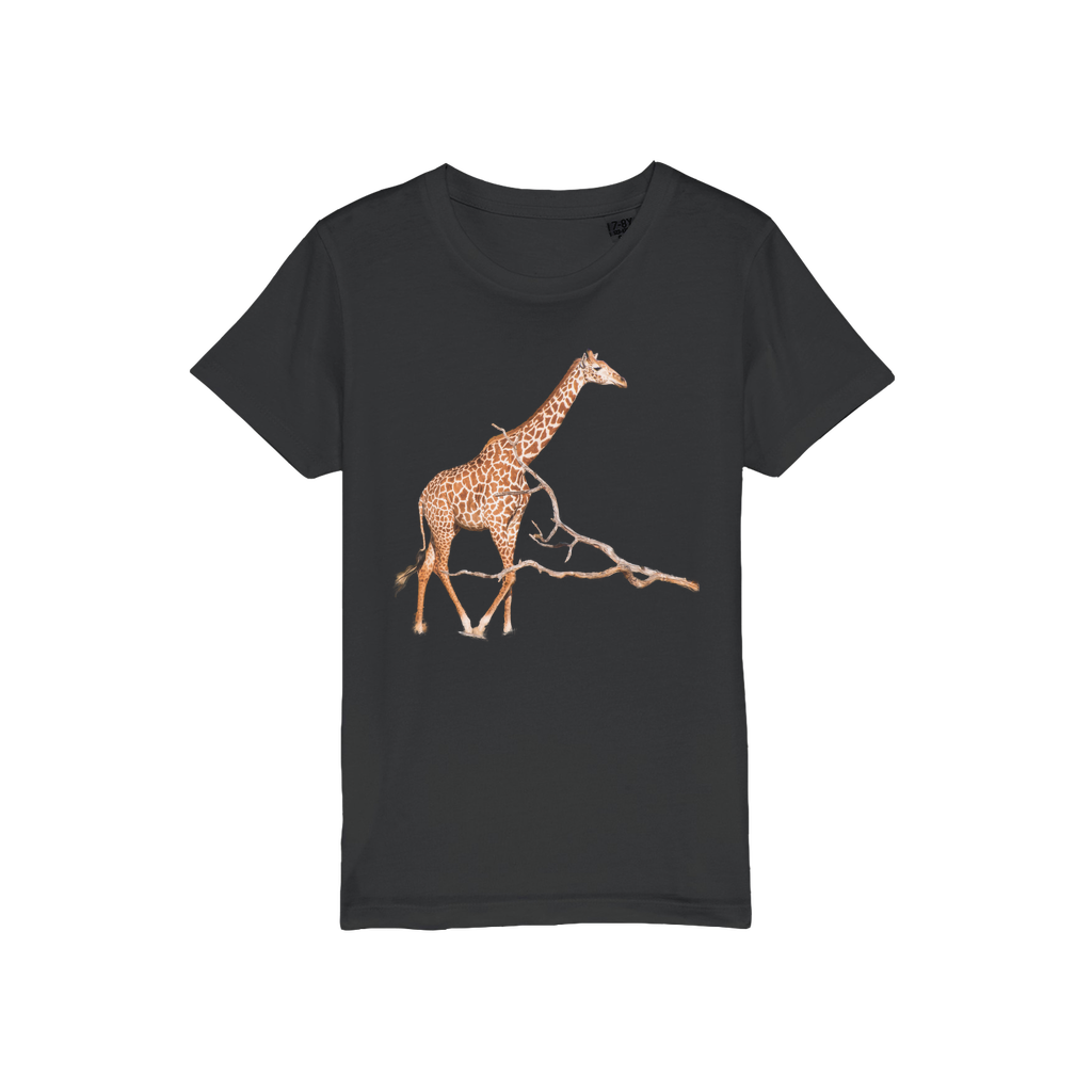 A large print giraffe on a black t-shirt for kids.