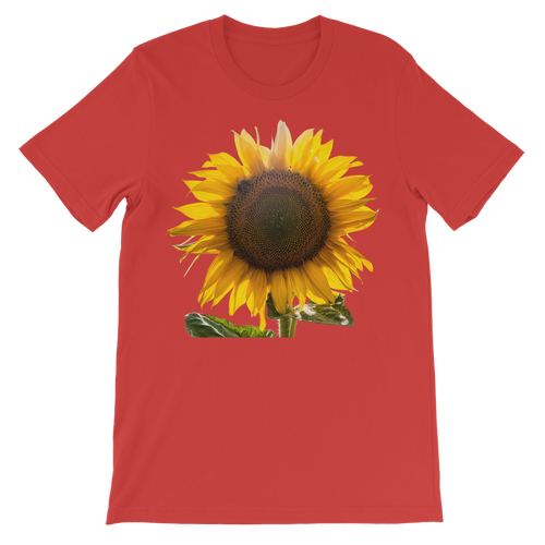 a red t-shirt with a large yellow sunflower. Shirt is for boys and girls. 