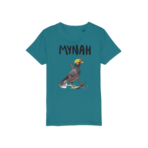 A mynah bird t-shirt featuring a mynah bird in a hard hat with a pick axe and shovel. Funny bird meme shirt in teal. 
