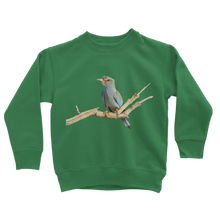 Load image into Gallery viewer, Eurasian Roller Bird on a kids sweatshirt in green
