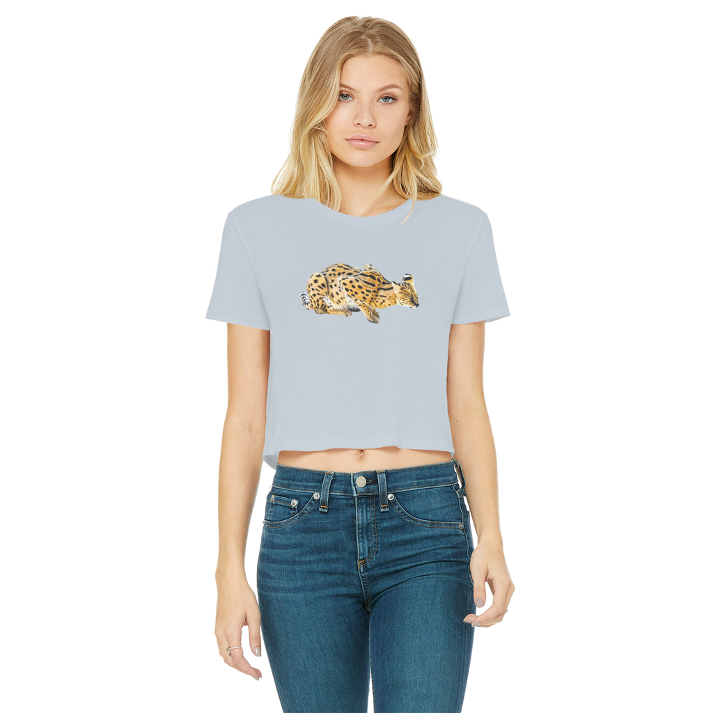 A light grey crop top for women with a Serval cat