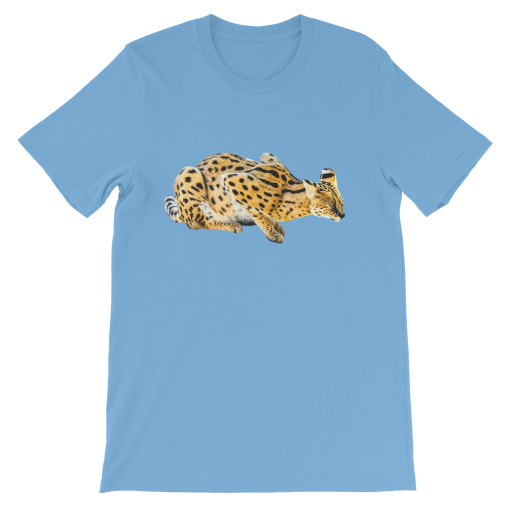 blue kids t-shirt with serval cat