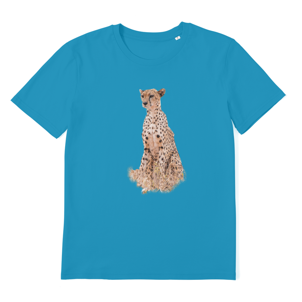 blue tee with a cheetah for men and women