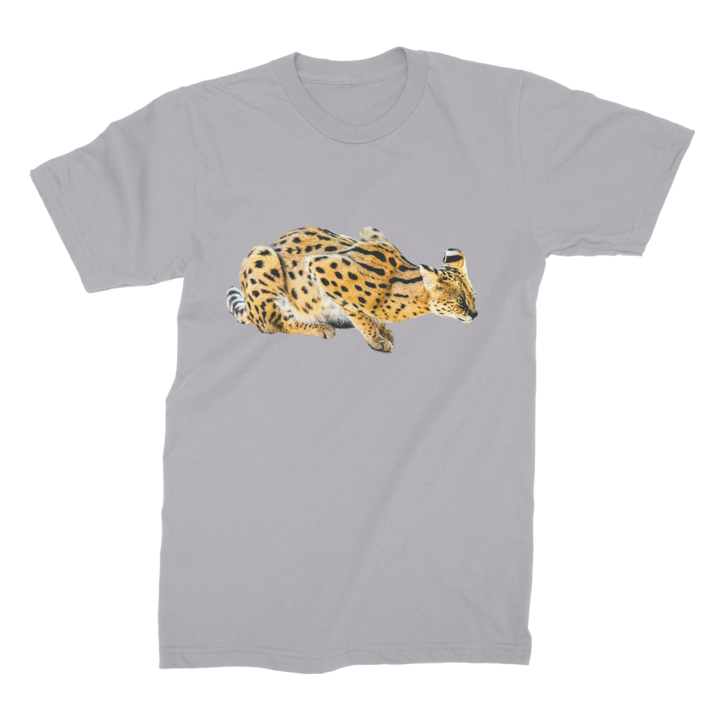 A light grey t-shirt with an African Serval Cat