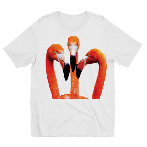 Large print Flamingo t-shirt for kids in white with a round neck. 