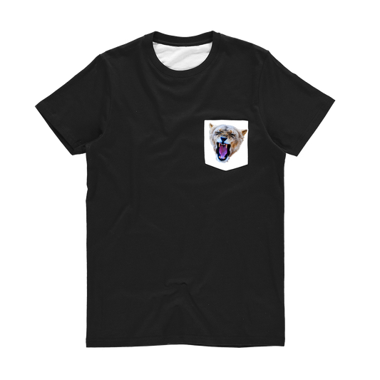 Black T-shirt with a white pocket & a lioness printed on the pocket