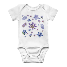 Load image into Gallery viewer, White onesie for babies with a blue and purple floral pattern on front
