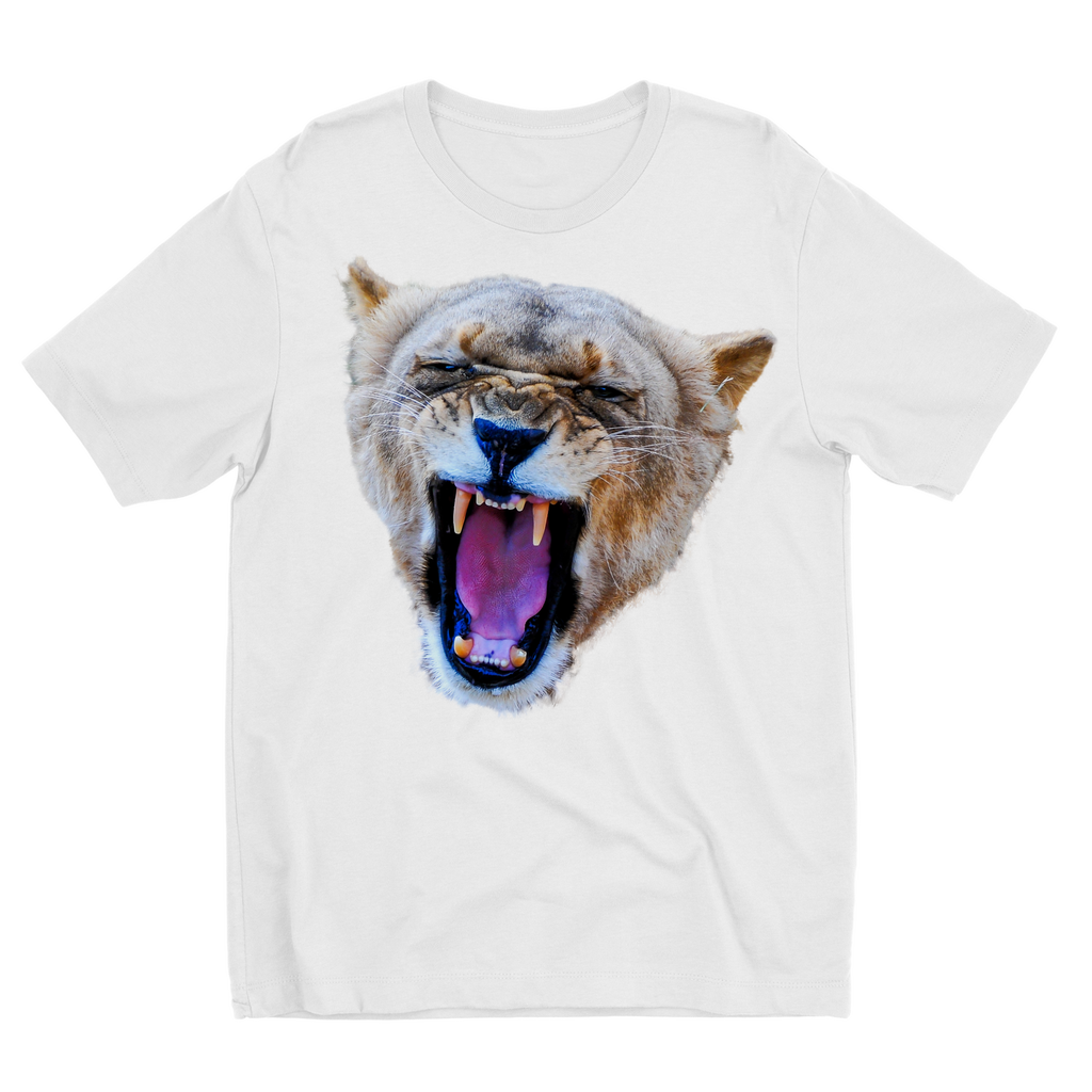A lioness face yawning in large print on a white t-shirt for kids. 