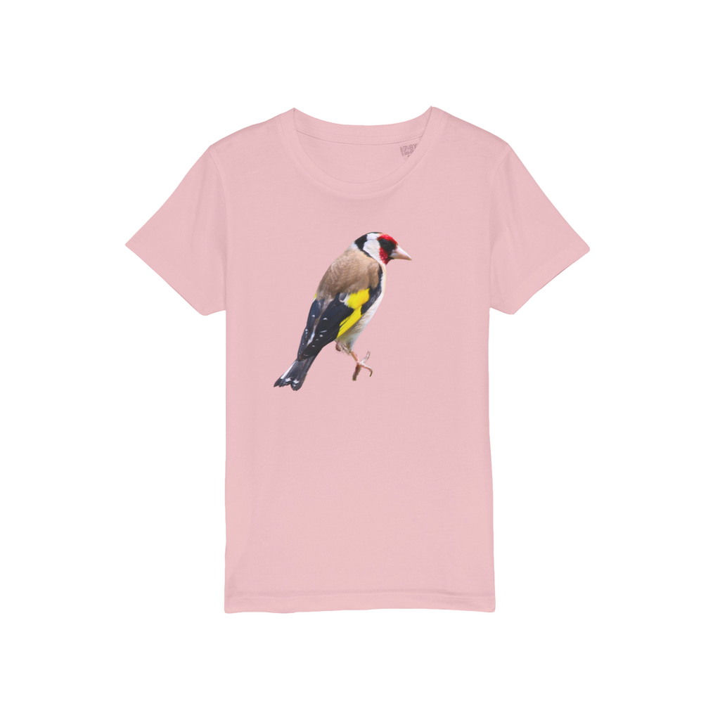 A t-shirt for kids in light pink with a goldfinch printed on the front.