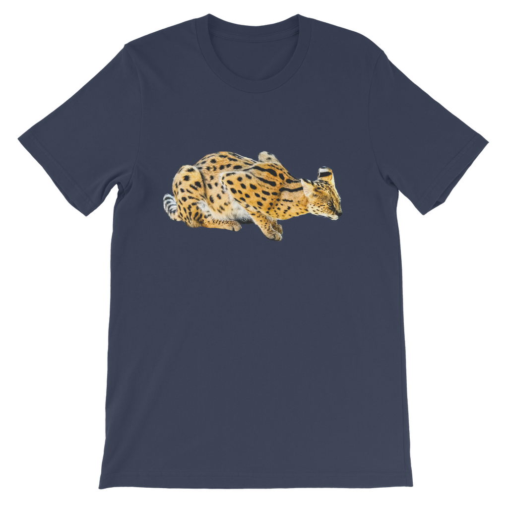 round neck t-shirt for kids in navy with crouching african serval cat