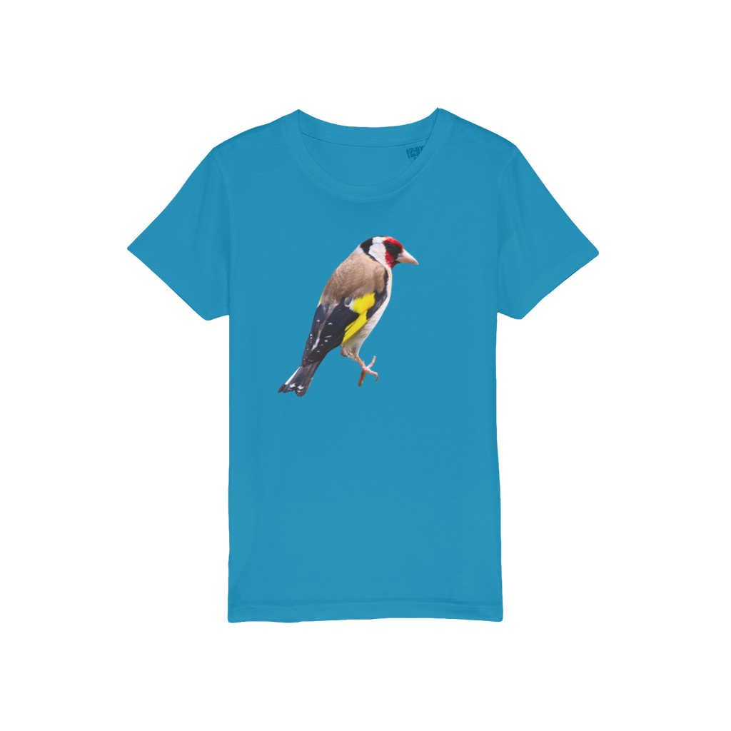 a blue tee for children with a goldfinch on the chest