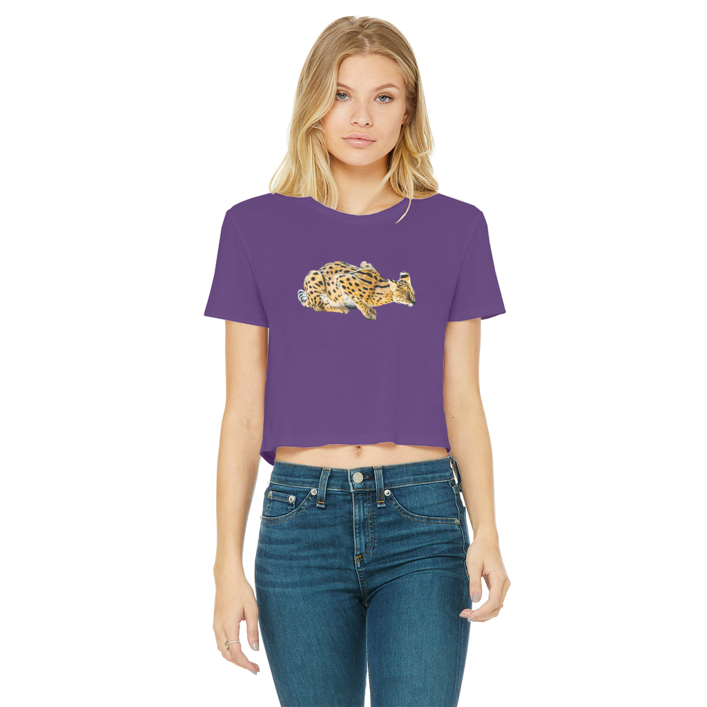 Purple crop top with an African Serval cat