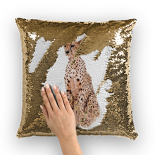 Load image into Gallery viewer, Gold sequinned cushion that has a hidden large print cheetah when swiped
