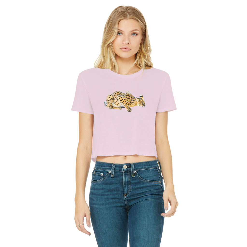 Light pink top for women. A cropped t-shirt with a Serval cat 