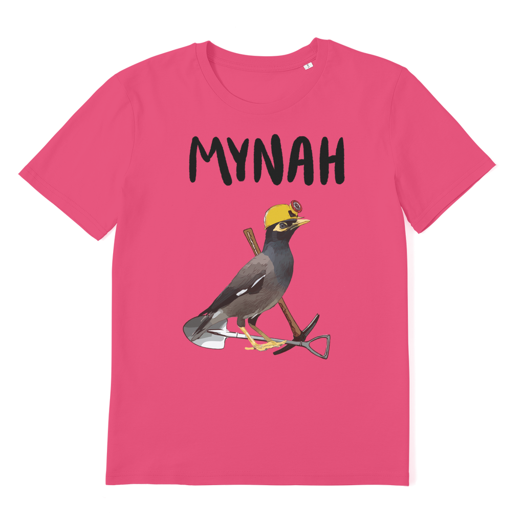 A t-shirt for miners and birders. A mynah with mining tools and a hard hat. T-shirt is pink,