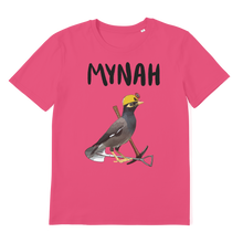 Load image into Gallery viewer, A t-shirt for miners and birders. A mynah with mining tools and a hard hat. T-shirt is pink,
