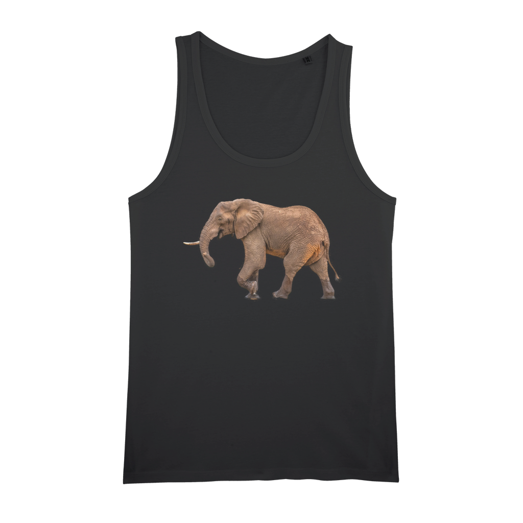 Men's organic cotton black tank top with a photographic print of an african elephant