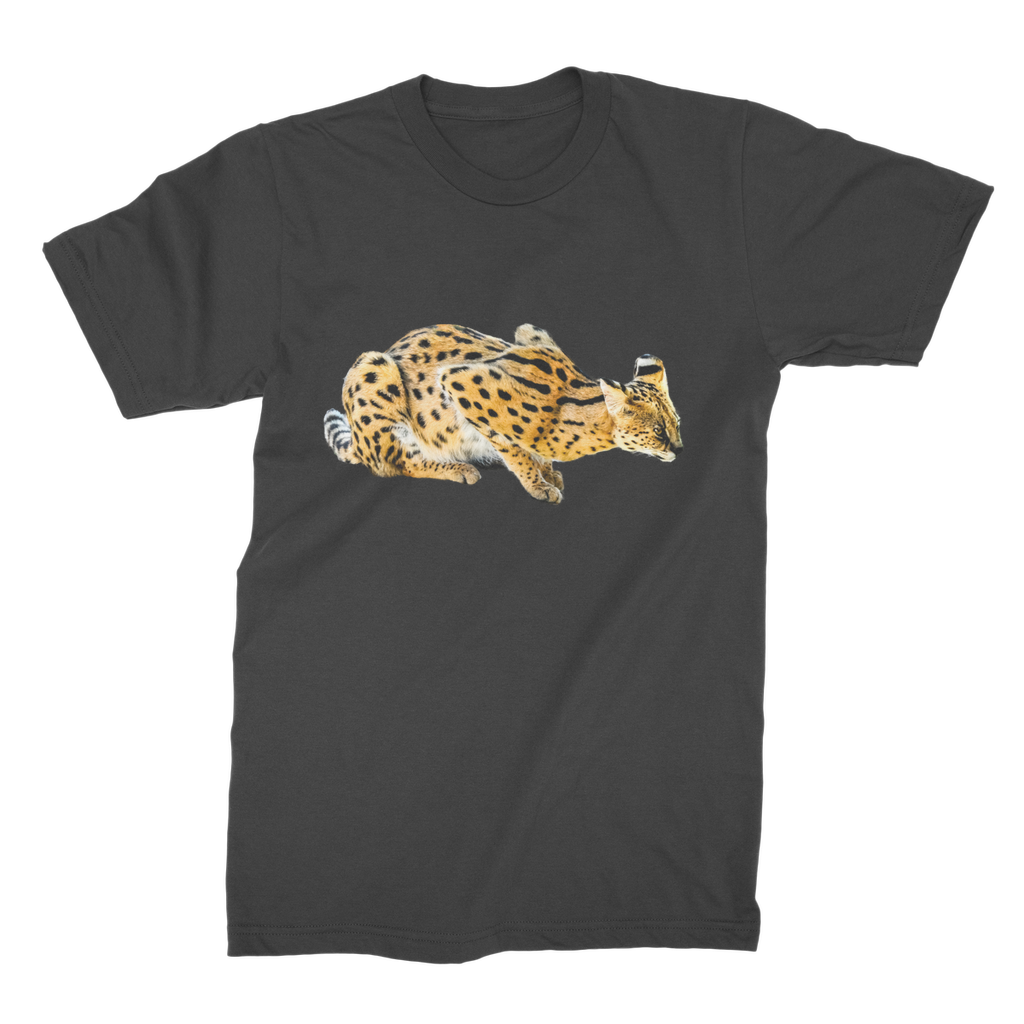 Serval Cat crouched low on a black t-shirt