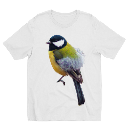 A large print Great Tit Bird on a white t-shirt with a round neck for kids. 