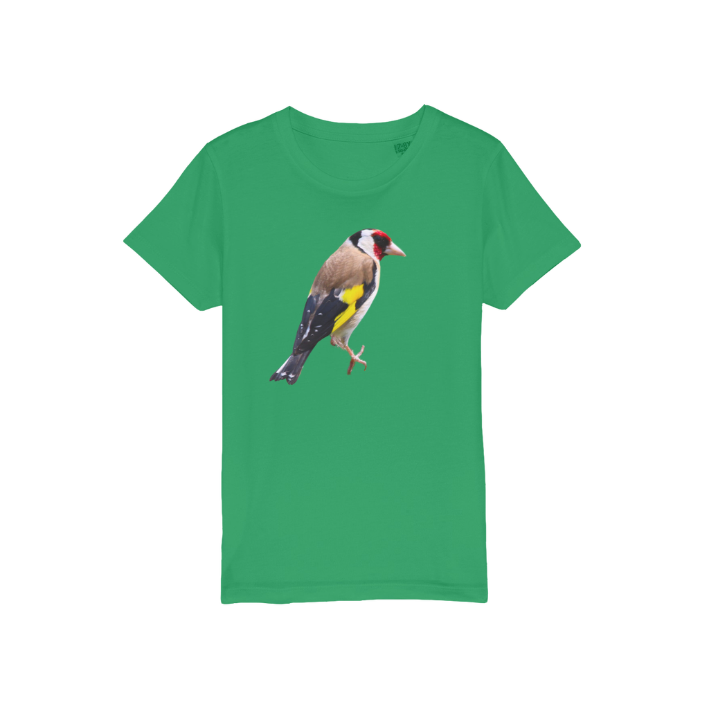 A bright t-shirt with a goldfinch bird on the chest. T-shirt is for kids and garden bird lovers.