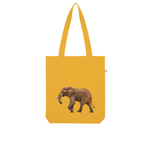 Large photographic print of an elephant on a yellow cotton tote bag