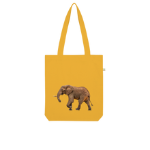 Load image into Gallery viewer, Large photographic print of an elephant on a yellow cotton tote bag
