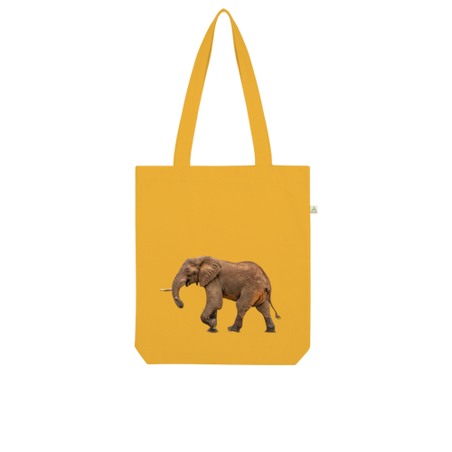 Large photographic print of an elephant on a yellow cotton tote bag