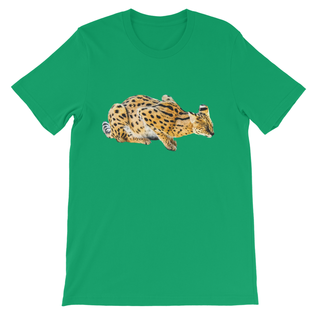 parakeet green girls and boys t-shirt with an african serval cat