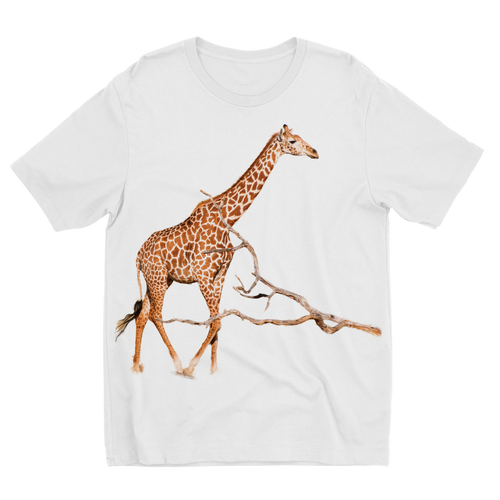 White T-shirt for kids with a large giraffe photographic print on the front