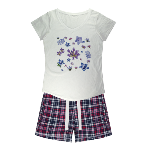 PJs: White shirt with blue and purple floral design and matching navy pink & white flannel shorts. 
