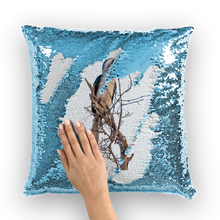 Load image into Gallery viewer, Blue sequinned cushion that has a hidden large print hornbill when swiped
