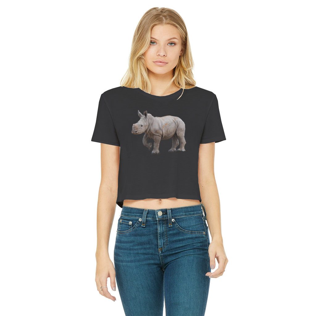 a girl wearing a black round neck crop top with a rhino. 