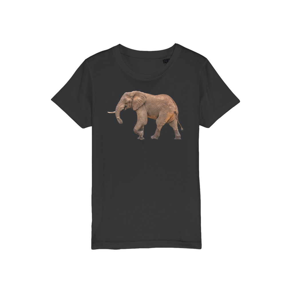 A smiling elephant printed on the front of a black t-shirt for kids