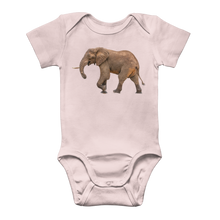 Load image into Gallery viewer, a pale pink baby onesie with an elephant on the front
