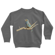 Load image into Gallery viewer, Eurasian Roller Bird on a kids sweatshirt in dark grey
