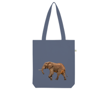Load image into Gallery viewer, Blue grey organic cotton tote bag with a large photographic print of an elephant
