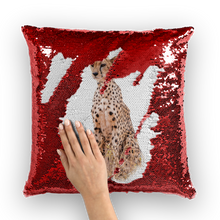 Load image into Gallery viewer, Red sequinned cushion that has a hidden large print cheetah when swiped
