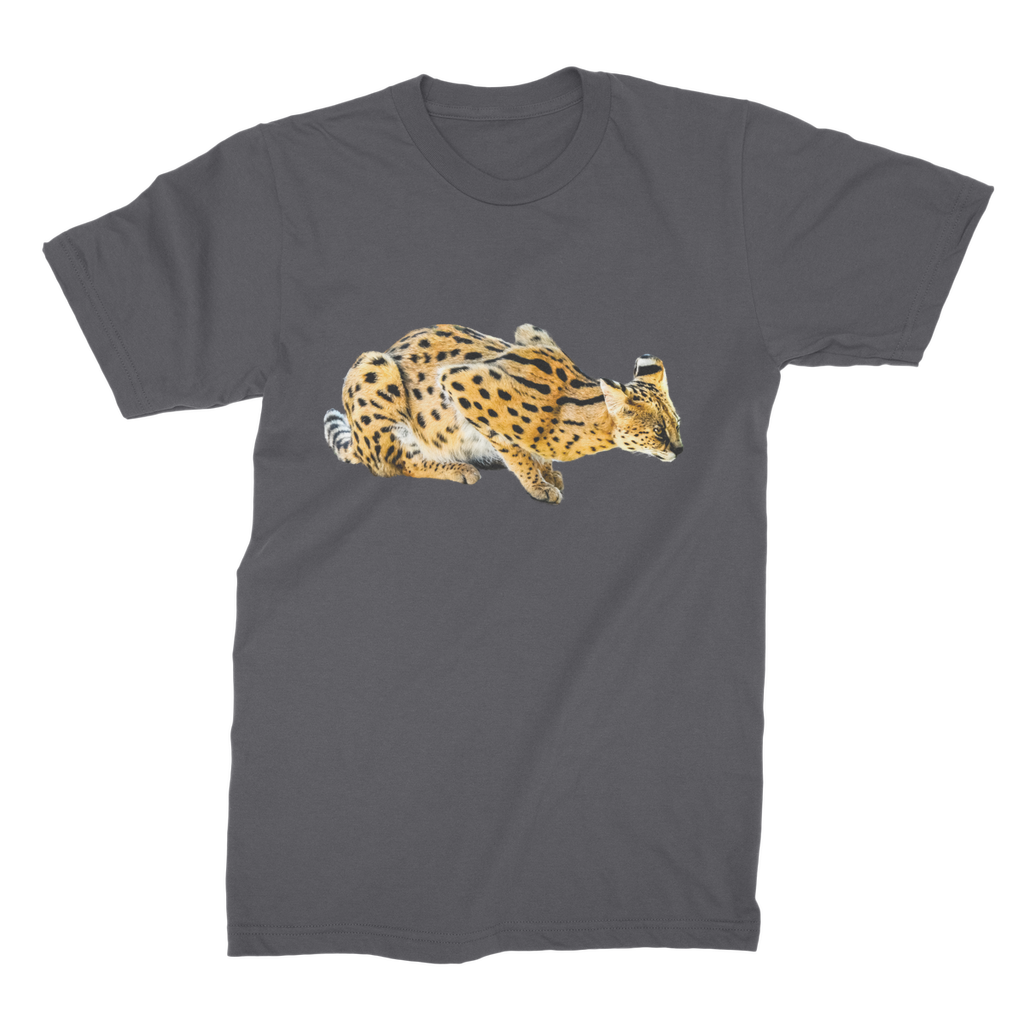 African Serval Cat on a dark heather grey t-shirt