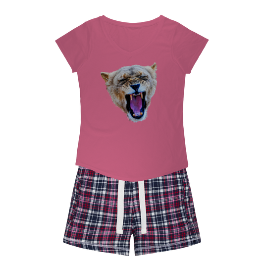 Ladies PJs: Lion printed on a pink shirt. Matching flannel shorts with white navy&pink colours